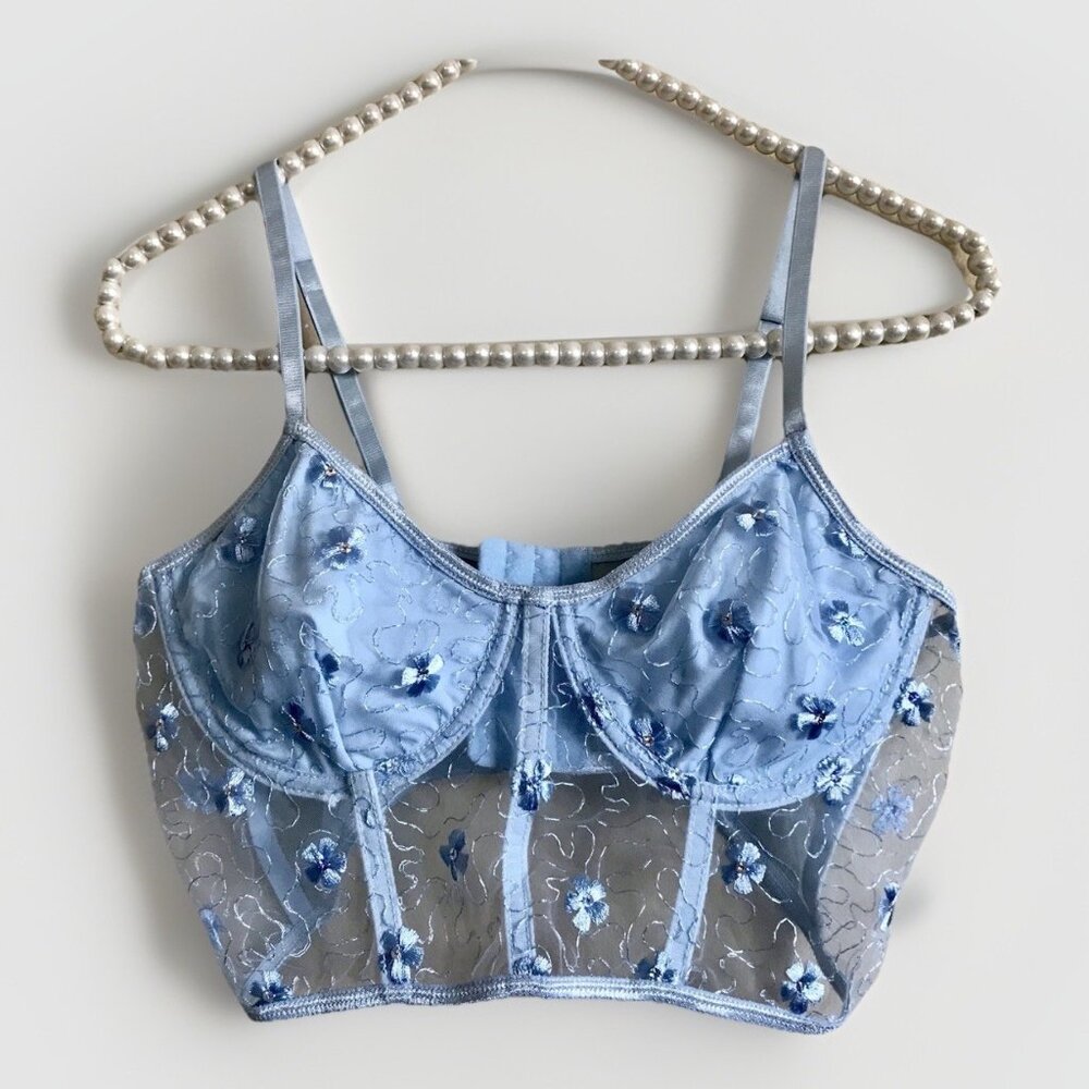 Blue Floral Embroidered Mesh Corset Bra‎ Top Size Large FairyCore Whimsical